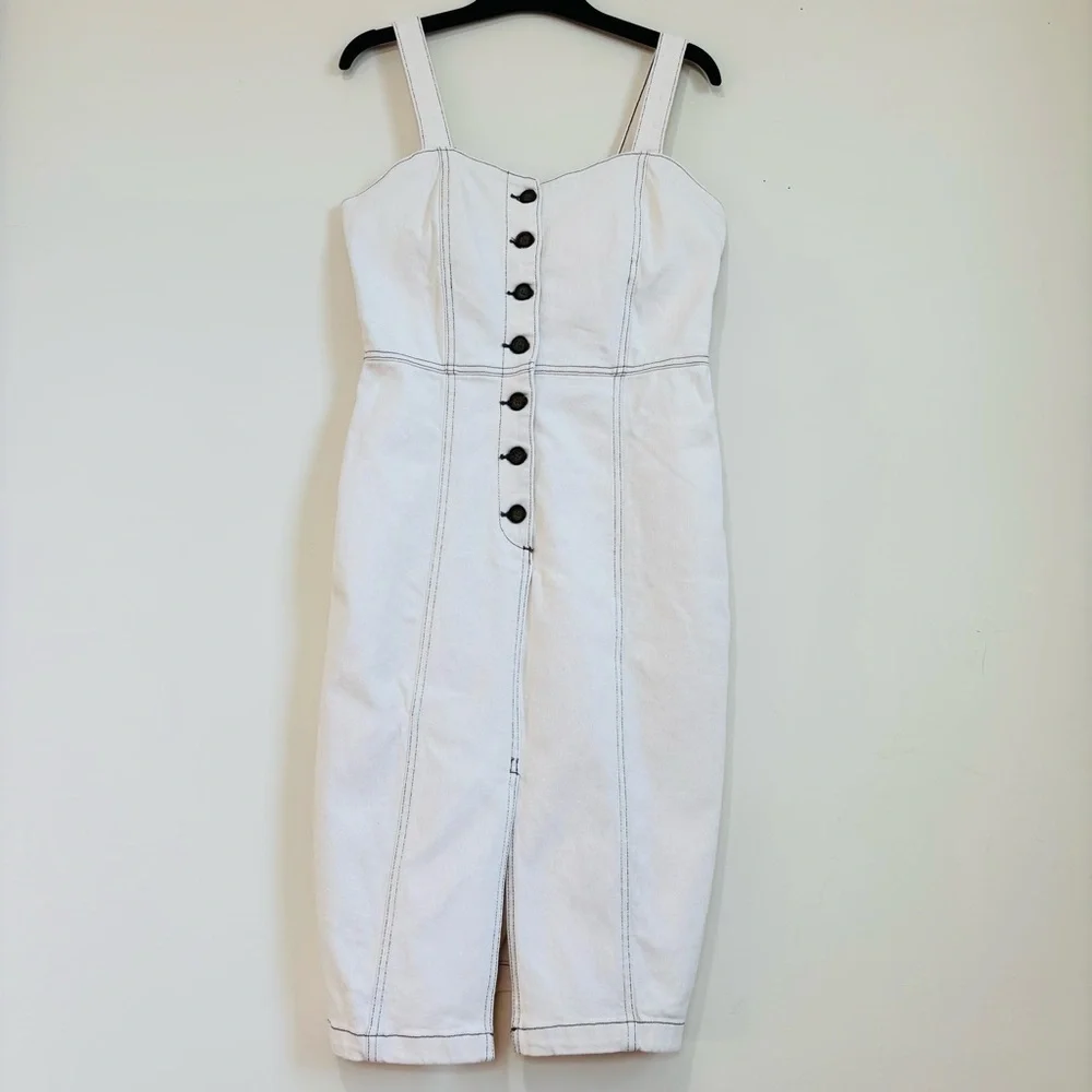 Zara Bodycon Overall Sleeveless corset Black Button Front Off White Denim Dress - Picture 2 of 16